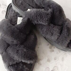 French Connection Grey Faux Fur Slippers 7/8